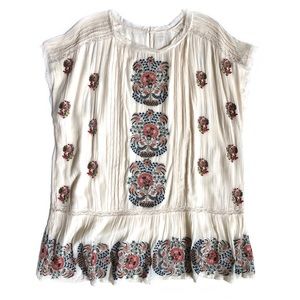Sundance Cream Boho Embroidered Tunic with Pink & Blue Floral Accents